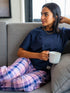 Women summer pajama set Dark Blue Tee + Purple X Navy Plaid Pants